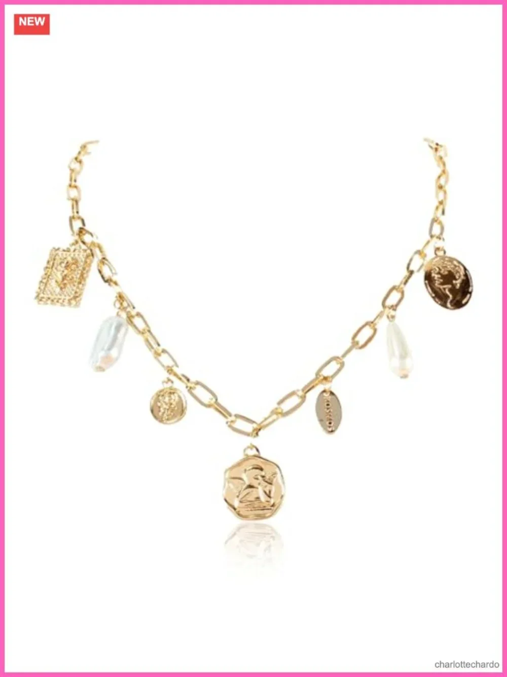 Gold Charm Necklace Beach Jewelry Women Shell Pearl Coin Paperclip Chain Boho